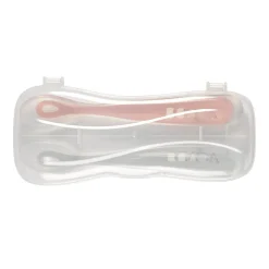 Lot 2 cuillères 1er âge silicone avec boite de transport Rose/Gris